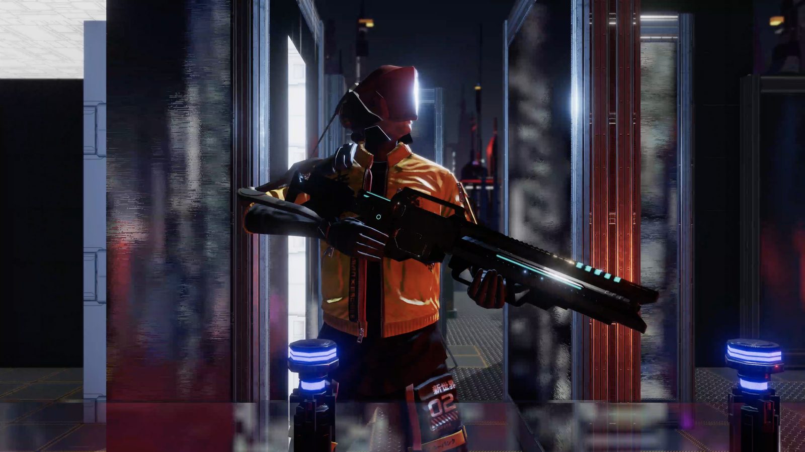 Battle: Cyberpunk-Kämpfer mit Energiegewehr im Neon-Korridor